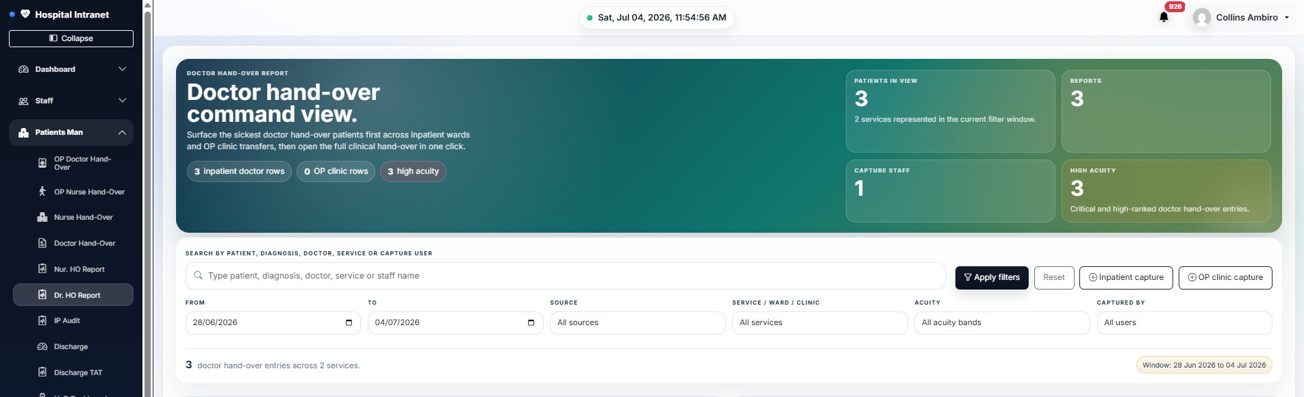 Doctor handover dashboard header showing high-acuity workload and service coverage without patient details.