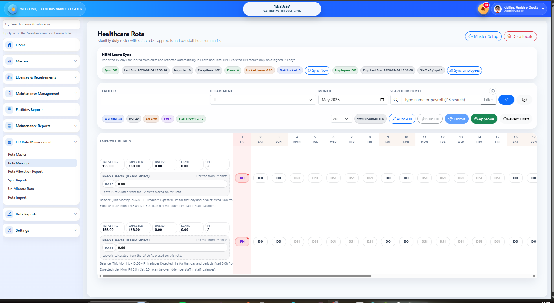 Rota allocation workspace with shift codes, leave synchronization, approval controls and per-employee hour balances.